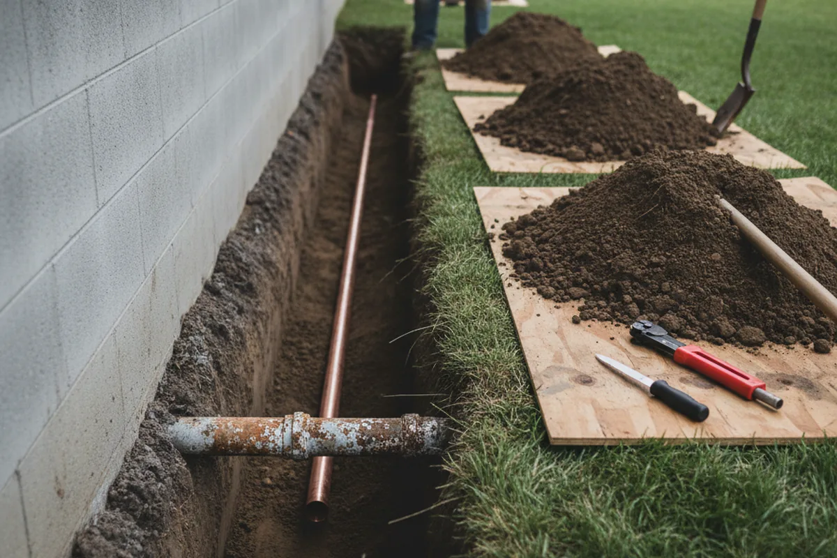 Excavated water line trench during Water Softener Installation in Porter Ranch